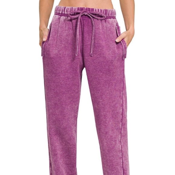 New Zenana Acid Wash Fleece Drawstring Sweatpants Mocha Pockets Joggers Plum - Picture 2 of 6